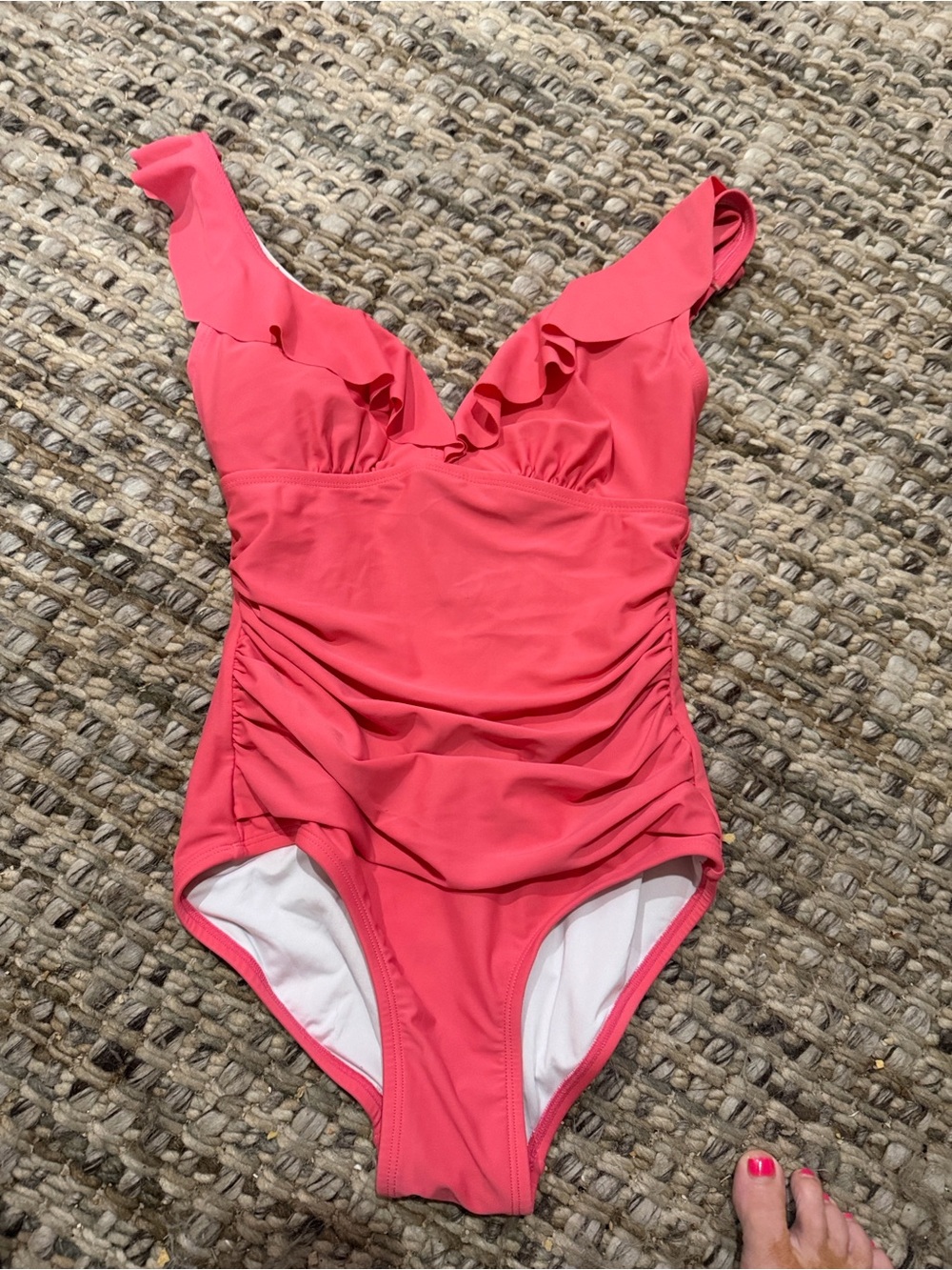DKNY Coral-Red Ruffle One-Piece Swimsuit - Picture 2 of 4